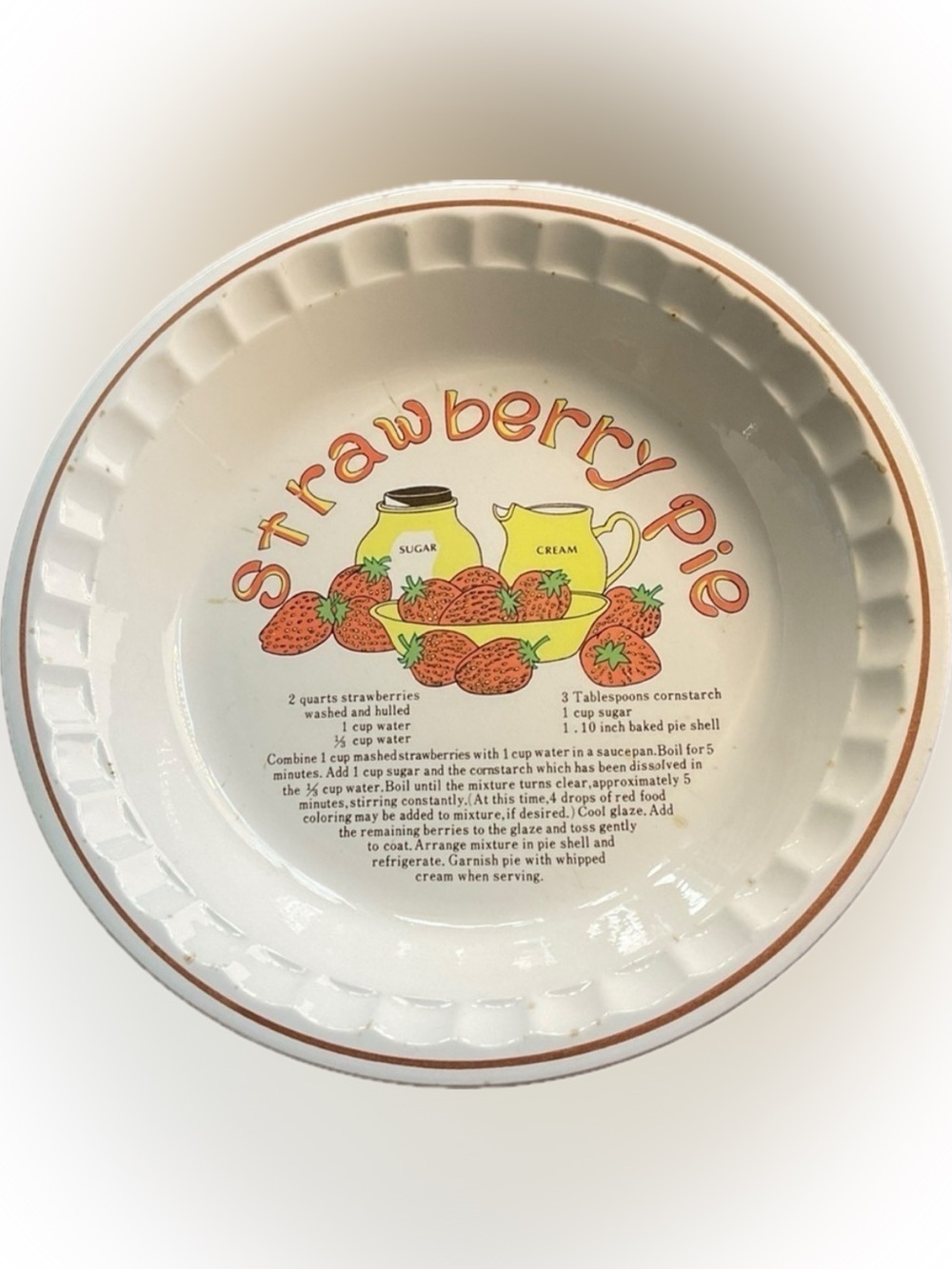 Vintage Recipe Pie Plate Strawberry Baking‎ Dish White 11 Inch Ceramic Bakeware